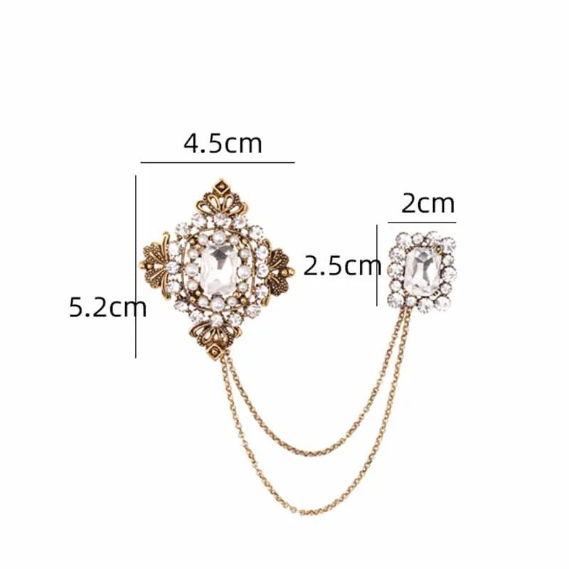 Baroque British Style Rhinestone Brooch Pins Emerald Tassel Chain Pearl Brooch Collar Shirt Pin Accessories for Women