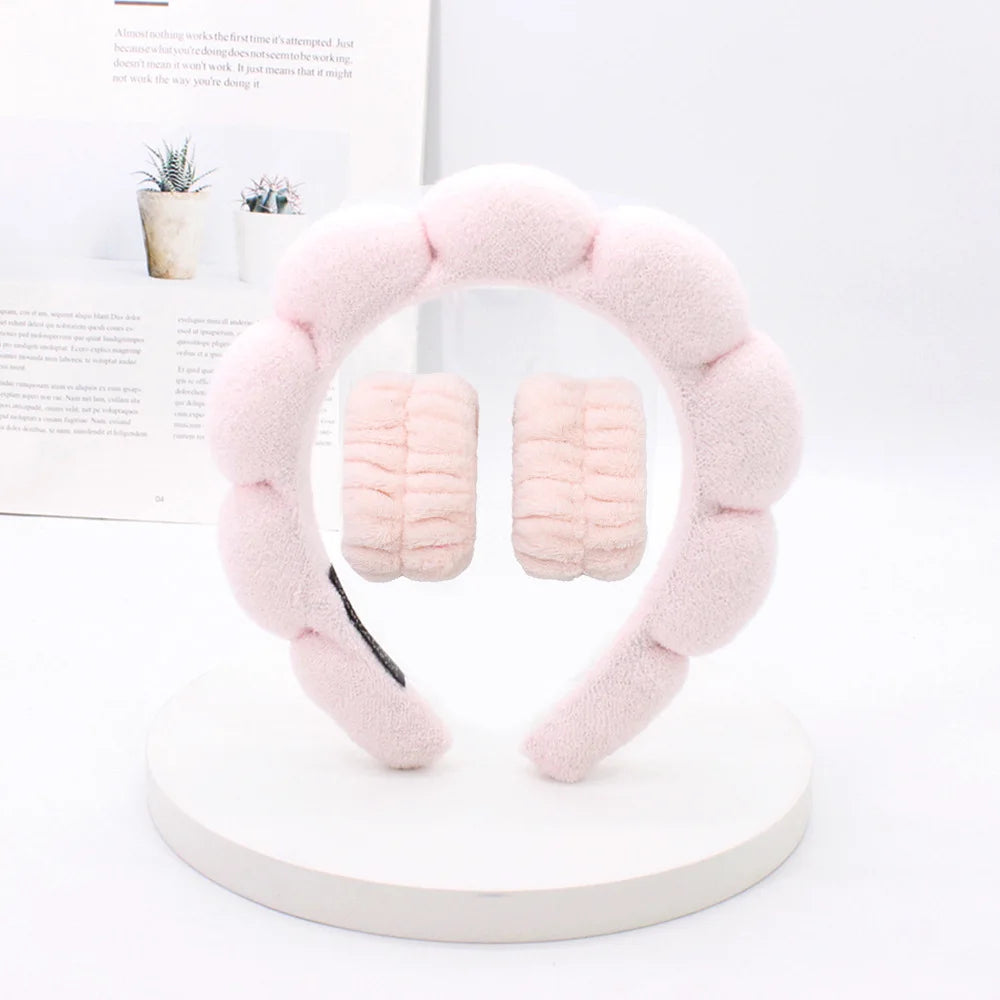 3Pcs Coral Fleece Washing Wristbands Terry Cloth Puffy Headband Spa Sponge Headband for Washing Face Makeup Shower Skincare