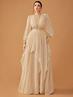 Women's Elegant Chiffon Sequined Lantern Sleeve Dress