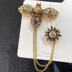 Vintage Rhinestones Pearl Bee Pin Brooches Classic Tassel Chain Bee Insect Enamel Pin Luxurious Suit Accessories Corsages