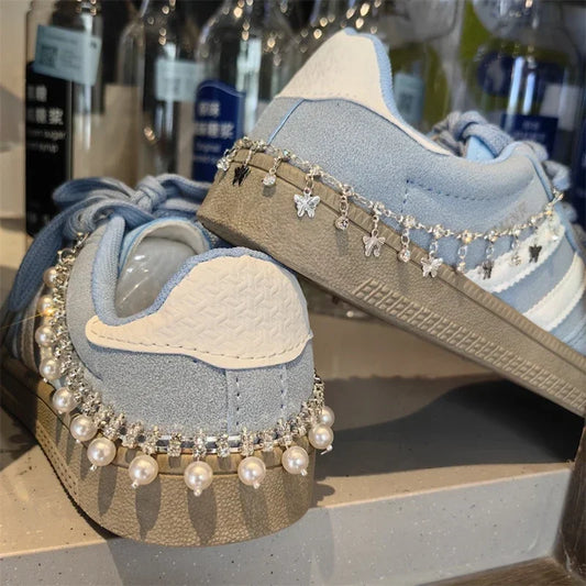 New Luxury Rhinestone Butterfly Bow Girl Shoe Charms Fashion Sneakers Pearl Heel Shoes Chain Shoes Decoration Accessorie 1Pcs