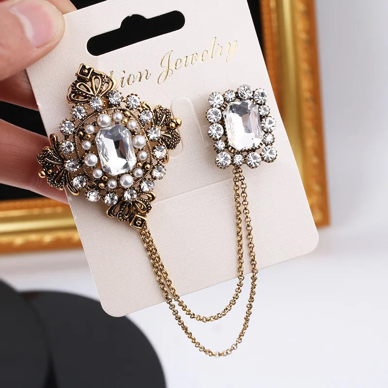 Baroque British Style Rhinestone Brooch Pins Emerald Tassel Chain Pearl Brooch Collar Shirt Pin Accessories for Women