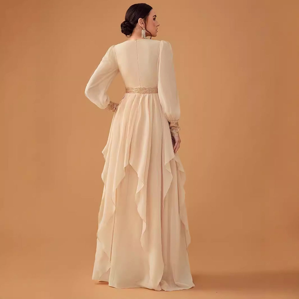 Women's Elegant Chiffon Sequined Lantern Sleeve Dress